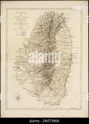 St. Vincent, aus einer aktuellen Umfrage im Jahr 1773: Nach dem Vertrag mit den Karibik. Zeigt die Landgrenzen der Karibs, Gemeindegrenzen und kulturelle Merkmale. Erleichterung durch Hachures. London. Erscheint auf den Westindischen Inseln des Autors. London : R. Sayer & J. Bennett, 1775-[1778]. Am oberen rechten und linken Rand: XI Ursprünglich in 2 Blättern ausgestellt. Katalogisierung, Konservierung und Digitalisierung teilweise durch die Nationale Stiftung für Geisteswissenschaften möglich gemacht: Das menschliche Unterfangen erforschen , St. Vincent und die Grenadinen, St. Vincent Island, Insel Stockfoto