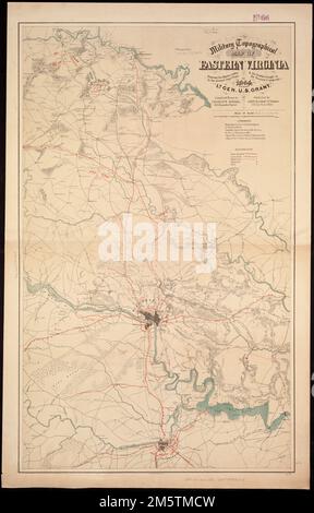 Eine topografische Karte des Militärs von Ost-Virginia, die die Routen der verschiedenen Armeekorps und die Schlachten zeigt, die im gegenwärtigen Wahlkampf von 1864 unter LT. General U. S. Grant ausgetragen wurden. Einschließlich Befestigungsanlagen rund um Richmond und Petersburg, Straßen, Eisenbahnen, Entwässerung, Vegetation, Städte und Häuser. Beschreibung abgeleitet aus veröffentlichter Bibliographie.... , Virginia, Spotsylvania, County, Spotsylvania Court House Battlefield, historische Stätte Stockfoto