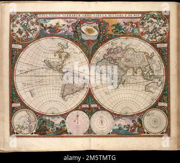 Nova totius terrarum orbis tabula. Die doppelte Karte der Hemisphäre der Welt. Freischnitt abgebildet. Enthält Illustrationen der Elemente: Erde, Luft, Wind und Feuer. Insekten: Polus arcticus -- Polus antarcticus -- Polus septentrionalis -- Systema mundi juxtamentem Claudii Ptolemaei Alexand -- Genuinum mundi systema secundum N. Copernici hypothesin -- Polus meridionalis. Aus Hendrick Donckers De Zee-Atlas of te Water-Waereld. Amsterdam : Doncker, Anno 1660 [d. h. 1665]. Katalogisierung, Erhaltung und Digitalisierung teilweise durch die National Endowment for the Humanities: Exploring the h Stockfoto