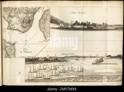 [Plan d'Amboy : vues de la rade de Charles-Town et de Fort Sulivan, Mai 1780]. Titel aus der „List of America“ von Philips, 1901. Erleichterung durch Hachures. Ansicht von Charleston, die von Philips fälschlicherweise als Belagerung von 1780 identifiziert wurde. Zeigt die Schlacht von 1776, wie sie von den britischen Schiffen abgebildet ist. In Le Rouge's Recueil des Plans de l'Amerique Septentrionale (Paris: Le Rouge, 1755). Rechter Rand getrimmt... Fort-Sulivan Charles-Town. Fort-Sulivan Charles-Town, South Carolina, Charleston, County, Charleston Hafen, Bay South Carolina, Charleston, County, Fort Mo Stockfoto