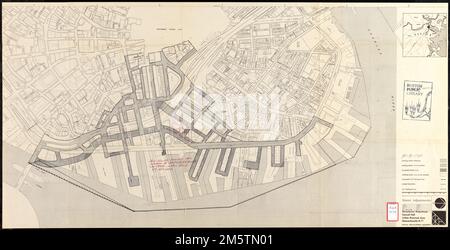 Downtown Waterfront-Faneuil Hall Stadterneuerungsgebiet Massachusetts R-77 : Straßenanpassungen. Ausrichtung nach Norden rechts. Enthält Standortplan. Zeigt die Straßen in diesem Stadterneuerungsgebiet in der Innenstadt von Boston und gibt an, ob sie verbleiben, geräumt, erweitert usw. werden sollen. Massachusetts, Suffolk, County, Boston Stockfoto