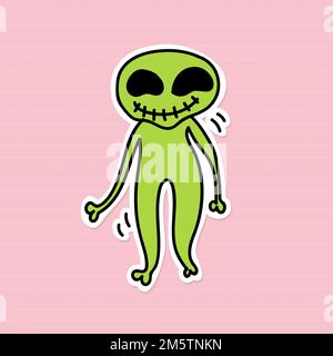 Fröhlicher grüner außerirdischer Verknüpfungsvektor-Aufkleber Stock Vektor