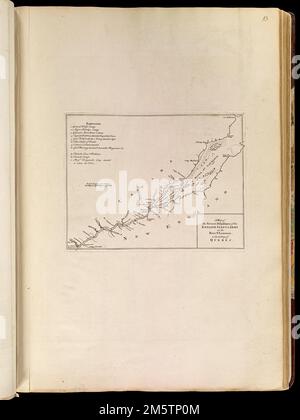 Eine Karte der verschiedenen Verfügungen der englischen Flotte und Armee auf der River St. Laurence zur Einnahme von Quebec. Karte des St. Lawrence River in Kanada zeigt die englischen und französischen Militärlager, das Schlachtfeld, Batterien, Linien und Landungen bei der Ergreifung von Quebec im Jahr 1759. Enthält Verweise auf Sonderziele. Erscheint in Jefferys' allgemeiner Topographie von Nordamerika und den Westindischen Inseln. London: Gedruckt für Robert Sayer, ... Und Thomas Jefferys, 1768 , Kanada, Quebec, Provinz, Québec Saint Lawrence River Stockfoto