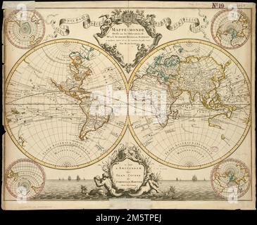 Mappe-monde. Die zweiteilige Weltkarte zeigt die Routen der frühen Entdecker. Freischnitt abgebildet. Titel: Nova orbis tabula ed usum serenissimi Burgundiæ ducis. Enthält einen Globus in jeder Ecke der Karte: Partie du Globe terrestre dont le Pole Antarctique est le Centre -- Partie du Globe terrestre dont le Pole Archtique est le Centre --- Partie du Globe terrestre en planisphere ou les Antipodes de Paris seruent de Centre -- Partie du Globe terrestre en planisphere dont la ville de Paris est le Centre , Welt Stockfoto