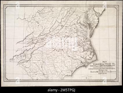 Karte von Virginia und West Virginia, Nord und Teil von South Carolina, Maryland und Delaware, zeigt die Situation in diesen Staaten von Schulen, die von Absolventen des Hampton Normal & Agricultural Institute von 1871 bis 1876 unterrichtet wurden. Freischnitt abgebildet. M.A.L. Fecit Mai 1876. , Mittelatlantik, südliche USA, Gegend Stockfoto