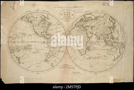 Eine Karte der Welt von den besten Behörden. Karte der Doppelhalbkugel. Zeigt die Drainage, Wege von Captain Cook, 1768-1780. "Für Careys Ausgabe von Guthries neuem Geographiesystem eingraviert." Relief bildhaft dargestellt , Welt Stockfoto