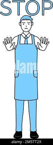 Ein Mann in einer Schürze, mit der Hand vor seinem Körper, um anzuhalten. Stock Vektor