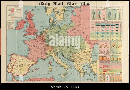 Tägliche Postkriegskarte. Zeigt politische Grenzen, Armeezentrale, Armeekorps, Festungsstädte oder Marinestationen, Festungen, Festungen, Luftschiff-Depots, wichtigste drahtlose Telegrafenstationen und Haupteisenbahnlinien. Dazu gehören Bildkarten, die die Stärke der Großmächte im Krieg zeigen, mit Statistiken über Armeen, Marine, Flugzeuge, verfügbare Kriegsgelder, Friedensstärke der Großmächte und Armeen anderer europäischer Staaten , Europa Europa Stockfoto