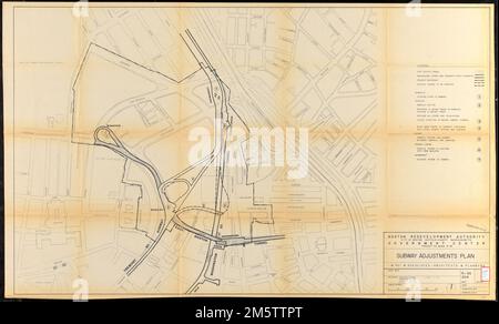 Projekt-Nr. des Regierungszentrums Mass. R-35 : U-Bahn-Anpassungsplan. Teil einer Materialsammlung, die potenziellen Entwicklern Informationen über das Stadterneuerungsprojekt des Government Center und Parcel 7 in der Innenstadt von Boston liefern soll. Zeigt Tunnel, U-Bahnen, vorhandene U-Bahnen, die entfernt werden sollen, sowie Funktionen und Verbesserungen an U-Bahn-Stationen. Orientiert mit Norden nach oben rechts , Massachusetts, Suffolk, County, Boston Government Center Stockfoto