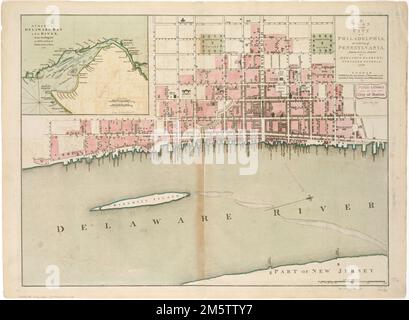 Ein Plan der Stadt Philadelphia, der Hauptstadt von Pennsylvania, aus einer aktuellen Umfrage. Ausrichtung mit Norden oben rechts. Zeigt den Namen und Standort wichtiger Gebäude und Anlegestellen an. Inset: Eine Karte von Delaware Bay and River aus dem Original von Mr. Fisher aus Philadelphia, 1776 [ca. 1:700.000]. Katalogisierung, Konservierung und Digitalisierung teilweise durch die Nationale Stiftung für Geisteswissenschaften möglich gemacht: Das menschliche Unterfangen erforschen Delaware Bay Pennsylvania, Philadelphia, County, Philadelphia Stockfoto