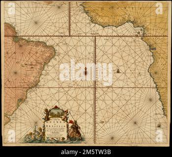 Pascaarte vande zee custen van Guinea, en Brasilia : van Cabo de Verde, tot C. de Bona Esperanc̨a : van R. de Amazones tot Rio de la Plata, alles op wassende graaden gesteit t' Amsterdam. Dies ist eine Seekarte mit einer Vielzahl von Messskalen und Loxodromen. Einschließlich ausgeklügelter Cartouche. Von van Keulen's Zee-Atlas, erscheint in den Ausgaben von 1680 bis 1709. Katalogisierung, Konservierung und Digitalisierung teilweise durch die Nationale Stiftung für Geisteswissenschaften möglich gemacht: Das menschliche Unterfangen erforschen , Kap Verde Brasilien Neuguinea, Insel Atlantik Stockfoto