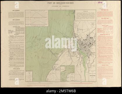 Plan du Port et de la ville de Boulogne. Freischnitt durch Konturen dargestellt. Tiefen, die durch Sondierungen und Isolinien angezeigt werden. Einsatz: Carte du Détroit. Umfasst Gezeitenprofil und Schaubild der Windfrequenz. Beschreibender Text links und rechts neben der Karte. Über Karte: nein 5. Karte auf Französisch. Text in Französisch und Englisch... Port de Boulogne-sur-Mer. Port de Boulogne-sur-Mer, Frankreich , Hauts-de-France , Region , Boulogne Stockfoto