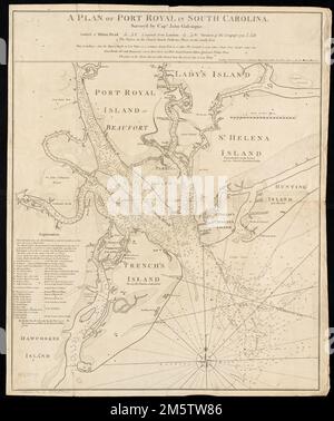 Ein Plan von Port Royal in South Carolina. Tiefen werden durch Sondierungen angezeigt. "Breitengrad von Hilton Head ... Längengrad von London... Variation des Kompasses ..." "Diese Sonnen scheuern die genaue Tiefe bei niedrigem Wasser bei einer gewöhnlichen Frühlingswelle in einer ruhigen..." South Carolina, Beaufort, County, Port Royal Sound, Bay Stockfoto