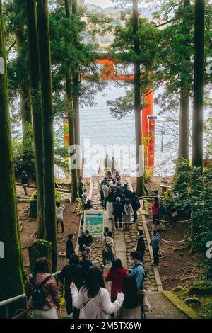 Berühmte Torii-Tore am Ashi-See in Hakone, Japan Stockfoto