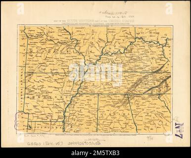 Karte des südwestlichen Teils der Vereinigten Staaten : erbaut und eingraviert, um den "Krieg mit dem Süden" zu illustrieren. Erleichterung durch Hachures. Zeigt Missouri, Arkansas, Kentucky, Tennessee und Teile von Kansas, Texas, Illinois, Indiana, Ohio, Virginia, Louisiana, Mississippi, Alabama, Georgia, North Carolina und South Carolina... Karte des südwestlichen Teils der Vereinigten Staaten. Karte des südwestlichen Teils der Vereinigten Staaten, der südlichen Vereinigten Staaten Stockfoto