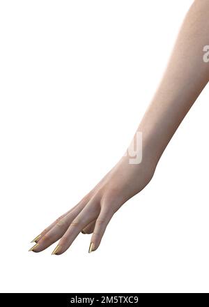 Eine Frauenhand mit heller Hautfarbe und langen Nägeln, die mit goldenem Nagellack bedeckt sind. Stockfoto