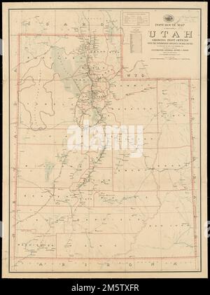 Postroute-Karte des Bundesstaates Utah, aus der die Postämter mit den mittleren Entfernungen auf den am 1. Dezember 1903 in Betrieb befindlichen Poststrecken hervorgehen. Zeigt auch Landkreise und Eisenbahnen. Erleichterung durch Hachures. Enthält eine Liste der Bezirke, die die relative Position... anzeigen Utah Stockfoto