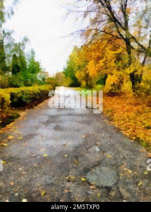 Alte Asphaltstraße, herbstliche Blätter und Herbstbäume, Digitalmalerei, Fotobearbeitung. Stockfoto