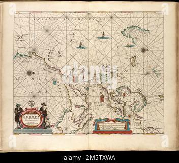 Pas-kaart van Europa traf een gedeelte van de kust van Africa tot aen Cabo Verde. Karte von Europa mit der Küste von Afrika und Kap Verde. Ausrichtung nach Norden rechts. Umfasst Wappen, Illustations und eine raffinierte Cartouche. Aus dem Zee-Atlas des Autors. Amsterdam: Von Hendrik Doncker, Boeckverkooper, en graat-boog-maker, in de Nieuwe-brug-steegh, in 't Stuurmans Gereetschap, Anno 1660 [d. h. 1665]. Katalogisierung, Konservierung und Digitalisierung teilweise durch die Nationale Stiftung für Geisteswissenschaften möglich gemacht: Das menschliche Unterfangen erforschen , Europa Europa Stockfoto