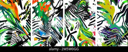 Ein Satz handgezeichneter abstrakter Naturhintergründe. vector farbenfrohe Tinte kritzelt tropische Blätter, Blumen, Spritzer und Formen, Hintergrund. Stock Vektor
