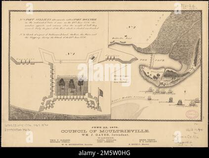 [Fort Moultrie, Charlestown, South Carolina]. Fax. Vom Kataloger bereitgestellter Titel. Zwei Ansichten auf einem Blatt: Fort Sullivan Nr. 1, das später Fort Moultrie hieß, im unvollendeten Zustand, am 28. Juni 1776. Die Zahlen gegenüber jeder Kanone zeigen das Gewicht der Kugel, die sie getragen haben. Nur ein Teil des Fort, der schattig ist, wurde fertiggestellt. Nr. 2 Skizze eines Teils von Sullivan's Island, Fort, Main und Shipping, während des Angriffs vom 28. Juni 1776... Fort Sullivan Nr. 1 hieß danach Fort Moultrie. Im unvollendeten Zustand war es am 28. Juni 1776 Nr. 2 Skizze eines Teils von Sull Stockfoto