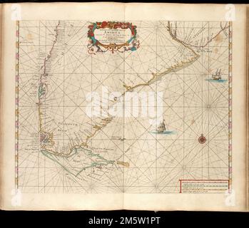 Paskaarte zuÿdelÿckste't Deel van America, van Cabo St. Antonio an CAEP de Hoorn, en de inde Zuÿd Zee, tot B. de Tongoÿ. Karte des südlichen Teils von Argentinien und Chile, mit Tierra del Fuego. Aus dem Zee-Atlas des Autors. Amsterdam : Hendrick Doncker, Anno 1660 [d. h. 1665]. Katalogisierung, Konservierung und Digitalisierung teilweise durch die Nationale Stiftung für Geisteswissenschaften möglich gemacht: Das menschliche Unterfangen erforschen , Tierra del Fuego, Archipel Südkegel Stockfoto