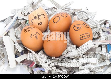 Eiergesicht in Zeitungen recyceln. Stockfoto