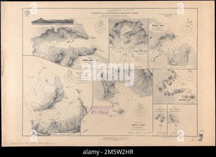 Häfen und Ankerplätze in der Magellan-Straße : aus britischen Erhebungen in den Jahren 1868 und 1880, korrigiert auf 1882. Relief durch Hachures und Punkthöhen dargestellt. Tiefen, die durch Sondierungen und Isolinien angezeigt werden. Mit Blick auf Passage I... , Magallanes, Estrecho de , strait Chile , Magallanes y de la Antártica Chilena , Region , Angosto, Puerto , Hafen Chile , Magallanes y de la Antártica Chilena , Region , Playa Parda, Caleta , cofe Chile , Magallanes y de la Antártica Chilena , Region , Tilly, Bahía , cofe Chile , Magallanes y de la Antártica Chilena , Region , Swallow, Bahía , Cofe Chile , Magalla Stockfoto