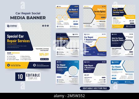 Postersammlung mit Fotoplatzhaltern für Fahrzeugreparatur- und -Reinigungsservice. Post-Paket für die Fahrzeugwartung in sozialen Medien mit Gelb und BL Stock Vektor