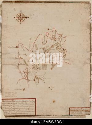 Dieser Hafen von Boston. Tiefe wird durch Sondierungen angezeigt. Ausrichtung nach Norden rechts. Rechts unten: M. Carroll. Dieser früheste Plan von Boston Harbor stammt aus der Zeit der Amtszeit von Sir Edmund Andros als Gouverneur von New England von 1685-1689. Es ist wahrscheinlich eine von mehreren Manuskriptkarten von New England, die Andros zurück an das Handelsministerium in London geschickt hat. Andros erhielt bereits im April 1688 den Befehl, eine Karte des Hafens von Boston zu sichern. Die Karte wurde von Phillip Wells erstellt, einem der am besten ausgebildeten frühen amerikanischen Kartografen, basierend auf Stockfoto