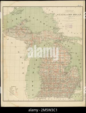 Bundesstaat Michigan. Erleichterung durch Hachures. Zeigt Kanalisation, Bezirksgrenzen, Eisenbahnen, Bahnzuschüsse, indische Reservate, Townships usw. Greenwich und Washington. J.S. Williamson, Commissioner. Michigan Stockfoto