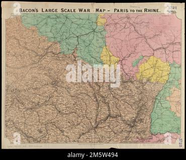 Bacon's grosse Kriegskarte : Paris zum Rhein. Erleichterung durch Hachures. Shows: Internationale Grenzen, Eisenbahnen, Straßen, Kanäle. Nordostfrankreich , Frankreich Stockfoto