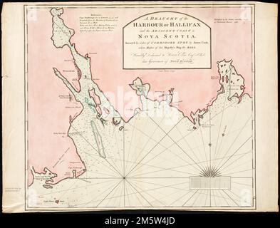 Ein Tiefgang des Hafens von Hallifax und der angrenzenden Küste in Neuschottland. Erleichterung durch Hachures. Tiefen werden durch Sondierungen angezeigt. Enthält Referenzen. Demütig Henry Ellis Esqr gewidmet. F.R.S. verstorbener Gouverneur von Neuschottland." Der Kartograf dieser Karte, Master James Cook von den Vermessungsschiffen Mars (1762-1763) und Alarm (1763-1766), sollte nicht mit dem Forscher Captain James Cook (1728-1779) verwechselt werden, der Neufundland kartografiert und 3 Reisen in den Pazifischen Ozean unternahm. Diese Karte kann als georeferenziertes Overlay in einer interaktiven Anwendung angezeigt werden, die speziell für We are One entwickelt wurde: Mapping Amer Stockfoto