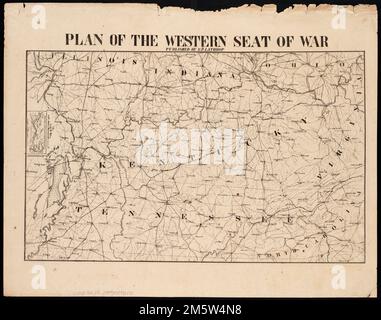 Plan des westlichen Kriegssitzes. Konföderierter Abdruck. Inset: Reduzierte Fortsetzung von Missouri R. Allgemeine Karte von Kentucky, Tennessee, und Teilen von Illinois, Indiana, Ohio, Virginia und North Carolina mit Hauptstraßen, Eisenbahnstrecken, Städten und Flüssen. Befestigte Orte und Schlachtfelder sind nicht angegeben. Beschreibung abgeleitet aus veröffentlichter Bibliographie.... Konföderierte Staaten von Amerika, Gegend Stockfoto