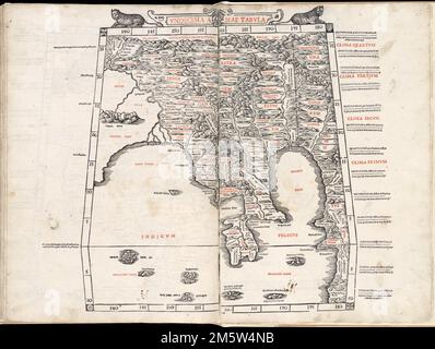 Undecima Asiae tabula. Landkarte östlich des Ganges. Die Karte zeigt die Region Südostasien mit dem Ganges River im Westen, den „Sinae“ (China) im Osten und Südostasien, dem Indischen Ozean und dem Chinesischen Meer. Freischnitt abgebildet. Enthält Namen von Orten und natürliche Merkmale. Am Rand: Klima- und Längennoten. Erscheint in der Geographia des Autors, bearbeitet von Bernard Sylvanus. Venetiis : per Iacobum Pentium de Leucho, anno Domini 1511. Lateinischer Text. Katalogisierung, Erhaltung und Digitalisierung teilweise durch die National Endowment for the Humanities: Exploring the h Stockfoto