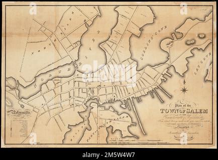 Plan der Stadt Salem im Commonwealth Massachusetts : aus aktuellen Erhebungen der Jahre 1796 und 1804; mit den Verbesserungen und Veränderungen seit dieser Zeit, wie sie befragt wurden. Erleichterung durch Hachures. Eingraviert von: Annin & Smith, Boston. Stadtplan, der Straßen und Kais identifiziert. Referenztabelle identifiziert Hauptgebäude Massachusetts, Essex, County, Salem Stockfoto