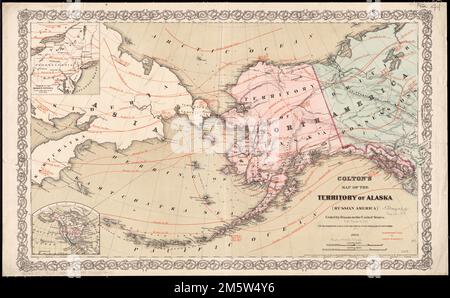 Coltons Karte des Territoriums von Alaska : (Russisches Amerika) von Russland an die Vereinigten Staaten abgetreten. Relief durch Hachures und Punkthöhen dargestellt. Tiefen werden durch Sondierungen angezeigt. Insets: [Location Map] – Diagramm der mittleren Staaten im selben Maßstab wie die Hauptkarte. Umfasst isothermische Linien. Dekorativer Rahmen. "Gemäß dem Kongressgesetz im Jahr 1867 ...". Regionen und Jahreszeiten: Die Verwendung der gekrümmten Isotherme ermöglichte es Kartografen aus dem 19. Jahrhundert, mit dem alten und starren Konzept von fünf an Breitengraden ausgerichteten Klimazonen zu brechen und gleichzeitig genauere Daten und die Fähigkeit zur Bildung von Beziehungen zu liefern Stockfoto