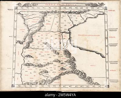 Tertia Asiae tabula. Karte der antiken zythischen Länder im modernen Georgien, Armenien und Aserbaidschan. Freischnitt abgebildet. Enthält Namen von Orten und natürliche Merkmale. Am Rand: Klima- und Längennoten. Erscheint in der Geographia des Autors, bearbeitet von Bernard Sylvanus. Venetiis : per Iacobum Pentium de Leucho, anno Domini 1511. Lateinischer Text. Katalogisierung, Konservierung und Digitalisierung teilweise durch die Nationale Stiftung für Geisteswissenschaften möglich gemacht: Das menschliche Unterfangen erforschen , Armenien Aserbaidschan Transkaukasien, Gebiet Georgien Stockfoto