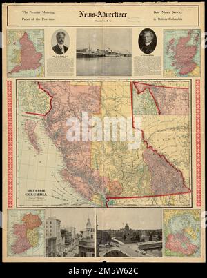 Britisch-Kolumbien. Erleichterung durch Hachures. Inset: Nördliche Erweiterung von British Columbia. Zusätzliche Karten: England und Wales -- Schottland -- Irland -- Nordpolarregionen. Enthält Text, Illustrationen und Porträts von R. L. Borden und Richard McBride. Tabellen und Text auf Verso. Entlang der Oberkante und mit 2 weiteren Karten herausgegeben: Das Dominion von Kanada/Intermediate Serie Vereinigte Staaten -- Kugelprojektion Welt , Kanada , Provinz British Columbia , Provinz Stockfoto