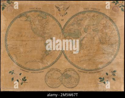 Die Weltkarte. Freischnitt durch Schattierung dargestellt. Erster Meridian: [Ferro]. Enthält Illustrationen des Wappen der USA über der Karte und Blumen in den Ecken. Manuskript-Karte in Tinte, Aquarell und Stift. Gezeichnet von einem Schuljungen, der am Wesleyan-Seminar in Wilbraham, Massachusetts, teilnimmt. Doppelhalbkugel-Karte der östlichen und westlichen Hemisphäre, mit einer kleineren Doppelhalbkugel-Karte der südlichen und der nördlichen Hemisphäre... , Welt Stockfoto