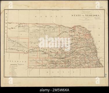 Bundesstaat Nebraska. Erleichterung durch Hachures. Zeigt Drainage, Bezirksgrenzen, Eisenbahnen, Militär- und Indianerreservate, Townships usw. Beste Meridane: Washington und Greenwich. J.S. Williamson, Commissioner. , Nebraska Stockfoto