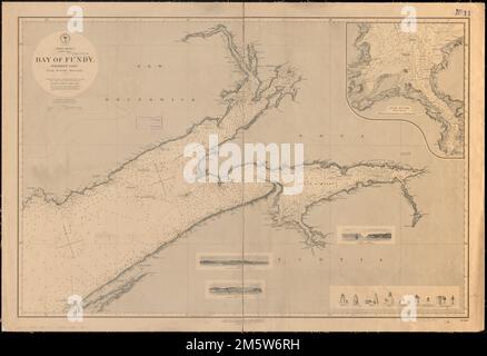 Nordamerika, Ostküste, Bay of Fundy, nördlicher Teil : aus britischen Erhebungen. Relief durch Hachures und Punkthöhen dargestellt. Tiefen, die durch Sondierungen und Isolinien angezeigt werden. Umfasst 9 Illustrationen von Leuchttürmen und 3 Küstenansichten. Einlage: Fluss Avon... Bay of Fundy, nördlicher Teil. Bay of Fundy, nördlicher Teil, Kanada, Fundy, Bay of Stockfoto