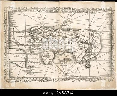 Orbis typus universalis iuxta hydrographorum traditionem exactissime depicta 1522 L.F. Karte der östlichen Hemisphäre, die Europa, Asien, Afrika und einen Teil Südamerikas zeigt. Reduzierte Version der entsprechenden Karte im Waldseemüller-Atlas von 1513. Freischnitt abgebildet. Enthält Namen von Orten und natürliche Merkmale. Fries' Karte ist die erste Weltkarte in einer Ausgabe von Ptolemäus, die den Namen America enthält. Erscheint in der Geographia des Autors, übersetzt von Willibald Pirckheimer, mit Anmerkungen von Joannes Regiomontanus. Argentoragi [d. h. Straßburg] : Iohannes Grieningerus, communibus Iohanni Stockfoto
