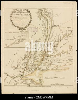 Der Sitz der Aktion zwischen den britischen und amerikanischen Streitkräften oder ein authentischer Plan des westlichen Teils von Long Island, mit dem Einsatz des 27. August 1776 zwischen den Truppen des Königs und den Amerikanern: Mit Staten Island und der Umgebung von Amboy und New York, mit dem Verlauf des Hudsons River, von Courtland, dem großen Magazin der amerikanischen Armee, bis zu Sandy Hook. Erleichterung durch Hachures. Enthält Wasserzeichen. Inset: Straße von Amboy nach Philadelphia. Die hier dargestellte Karte wurde als separate Ausgabe gedruckt, da sie aktuelle Informationen über die britische Kampagne an Tak enthielt Stockfoto