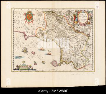 Terra di Lavoro, Olim Campania felix. Karte der historischen Region Lavoro im modernen Kampanien und Latium. Freischnitt abgebildet. Verso ist leer. Plattenschaden am unteren linken Rand. Text auf Italienisch. Katalogisierung, Erhaltung und Digitalisierung teilweise durch die National Endowment for the Humanities: Exploring the human Endeavor. Teil des zusammengesetzten Portfolioatlas mit dem Titel „Sammlung alter Karten“... , Italien , Latian , Region Stockfoto