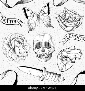 Vektorkollektion mit schwarz-weißen Umrissen und Flash-Tattoo-Design der alten Schule Stock Vektor