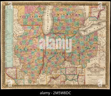 Karte der Bundesstaaten Ohio, Indiana und Illinois mit den Siedlungen von Michigan und Wisconsin. Erster Meridian: Washington. Inselgebiete: Führende Region östlich des Mississippi – in der Nähe von Detroit – Wasserfälle von Ohio – in der Nähe von Cincinnati. Enthält eine Übersicht über die Routen mit dem Dampfboot , Illinois Indiana Ohio Mittlerer Westen, Gegend Michigan Wisconsin Stockfoto