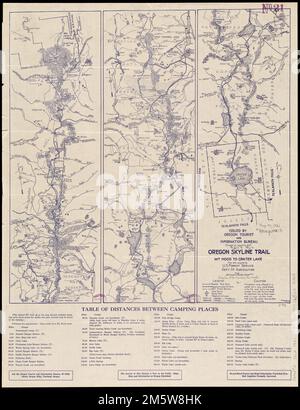 Oregon Skyline Trail : Mt. Hood zum Crater Lake. Relief durch Hachures und Punkthöhen dargestellt. Enthält „Tabelle der Entfernungen zwischen Campingplätzen“. Text auf Verso. "Herausgegeben vom Oregon Tourist and Information Bureau." , Oregon Skyline Trail Stockfoto