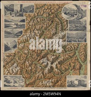 Plastische karte von Landeck, Tirol : ins ortlergebiet Kaunsertaler u. Oetztaleralpen, Silvretta u. Verwaligruppe Finstermünzpass, unter- u. Oberengadin, Reschen-Scheidegg, Suldenta, Trafoi, Stilfserjoch u. Wormserjoch (Stelvio-Umbrail) Ofenpass, Bernina, Aprica u. Tonalepass, Campiglio u. Mendelpass, Vintschgau-Meran. Fenstertitel. Zeigt die Region Central Alps an. Freischnitt abgebildet. Auch Eisenbahnen. Enthält 13 Abbildungen. Text, Illustrationen, Karte und Zeittabellen auf Verso , Schweiz Italien , Trentino-Südtirol , Region Österreich , Tirol Stockfoto