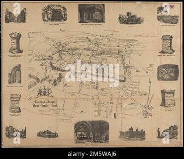 Prichard & Roberts' neuer Chester Guide. Freischnitt abgebildet. Ausrichtung nach Norden rechts. Bemerkenswerte Gebäude sind bildlich dargestellt. Enthält 16 Abbildungen am Rand. Einschließlich Bevölkerungszahlen... New Chester Führer Prichard und Roberts Fremder Führer Chester Fremder Führer Chester. New Chester Führer Prichard und Roberts Fremder Führer zu Chester Fremder Führer zu Chester, England, Cheshire, County, Chester Stockfoto